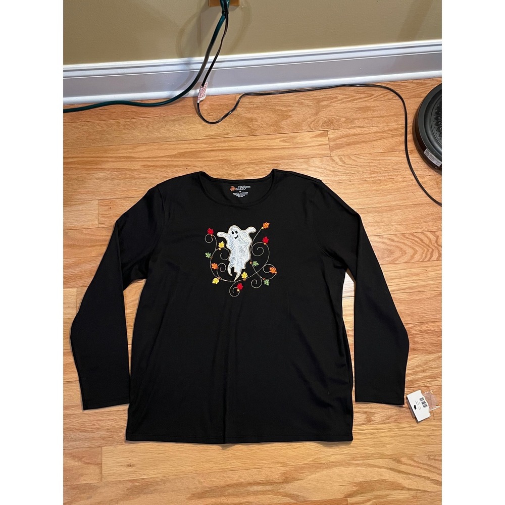 NWT Vintage Novelty Halloween Ghost Top Women XL Black Embroidered Sequin Fall